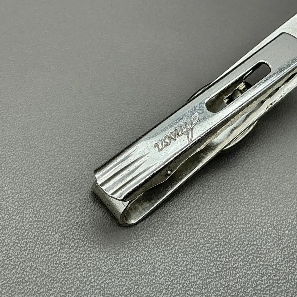 Anson Blue Glass Cabochon Tie Clip Silver Tone Vintage Men's Necktie Bar